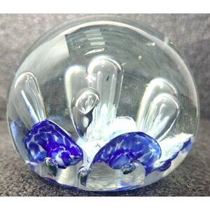 Unbranded Glass Paperweight White Blue Clear Controlled Bubbles Polished Bottom